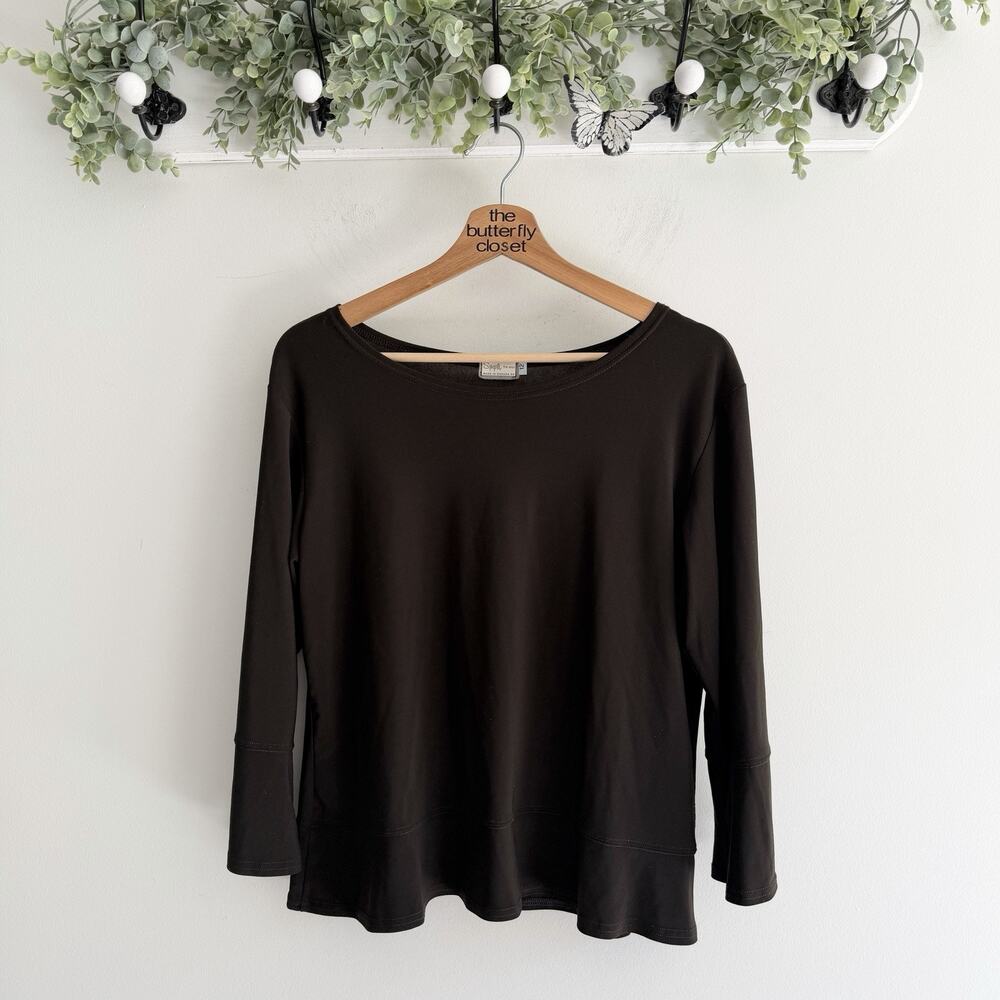 Sympli Black Ruffle Hem Nylon Blouse Stretch Size 12 Made In Canada ZZ5798